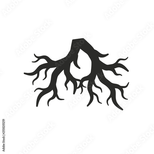 A minimalist black silhouette of tree roots spreading outwards isolated on a clean white background for nature design projects