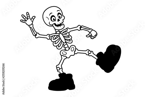A friendly cartoon skeleton character waving hello while walking and wearing large boots isolated on a plain white background