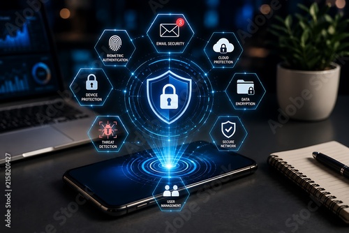 Digital cybersecurity protection concept with shield icon and various security system network nodes displayed on a smartphone screen in a dark modern office workplace