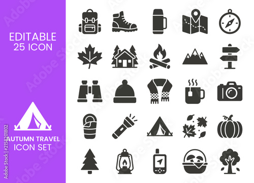 Autumn Travel Icon Set Glyph Vector Icons of Outdoor Camping Hiking Fall Tourism Gear and Adventure Equipment