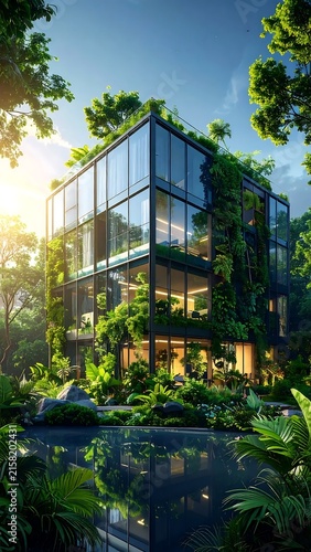 Modern glass house surrounded by lush green forest.