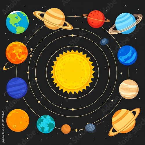 Colorful planets orbiting around bright yellow sun.