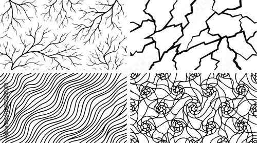 Four unique decorative vector patterns featuring intricate black lines on white backgrounds for creative graphic design projects