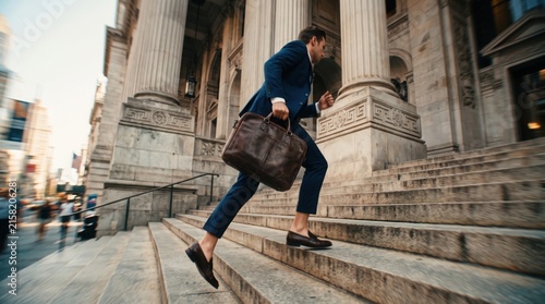 A businessman in a sharp blue suit rushes up a grand staircase, carrying a leather briefcase. The image captures a sense of urgency and ambition against a backdrop of imposing architecture