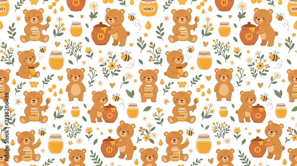 Fototapeta premium Cute Teddy Bear Seamless Pattern with Gifts and Playful Icons