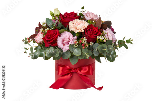 Elegant bouquet of red and pink roses with carnations in a red gift box isolated on transparent background