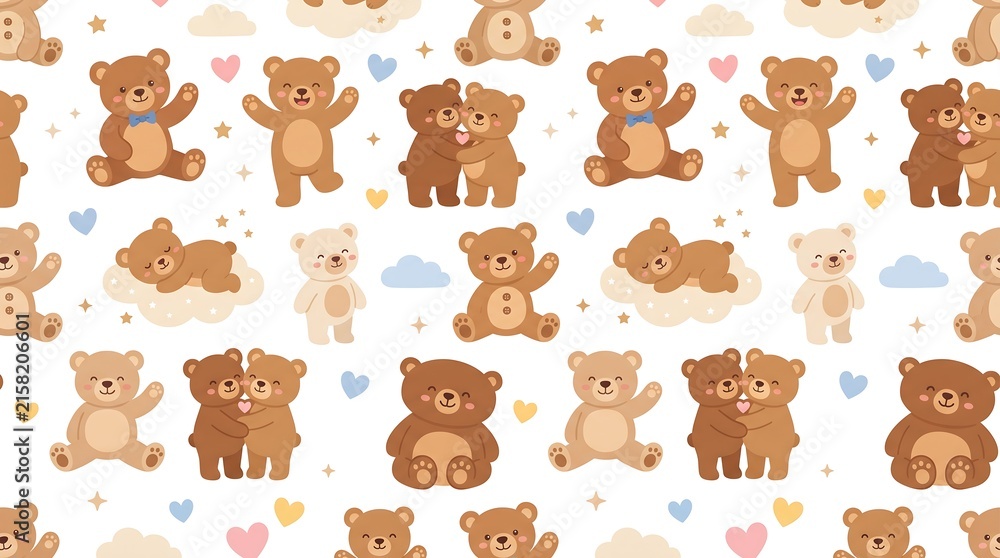 Obraz premium Teddy Bear Vector Seamless Pattern with Cute Bear Characters