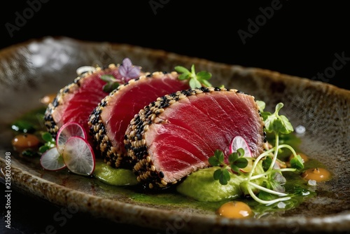 Sesame Crusted Tuna Tataki with Avocado and Herb Oil Modern Cuisine