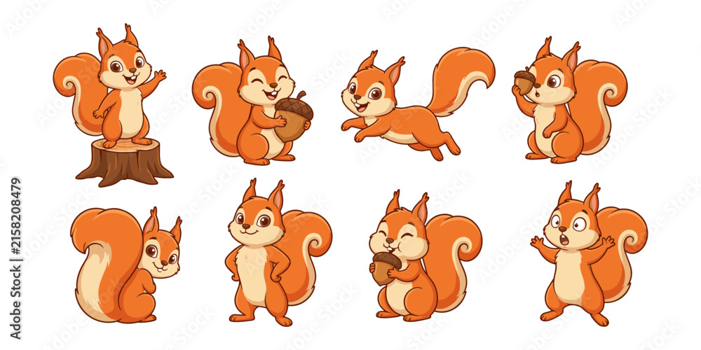 Obraz premium Cartoon Squirrel Characters in Various Poses Holding Acorns and Expressing Emotions