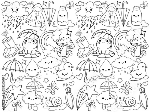Obraz na plátně Rainy day monsoon doodle seamless pattern outline, cute rainy weather coloring p
