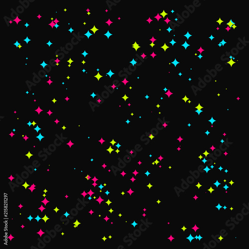 Colorful four point stars scattered randomly on black background in vibrant shades of pink blue and yellow vector design.