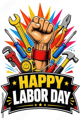 Strong fist raised with tools radiating colorfully, celebrating hard work and unity