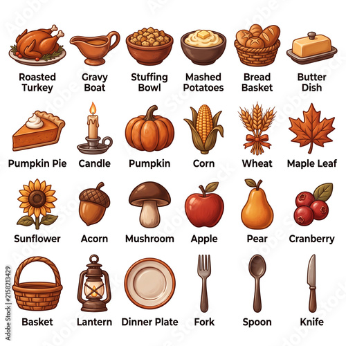 Thanksgiving Dinner Icons Set Roasted Turkey Pumpkin Pie Corn Autumn Harvest Food