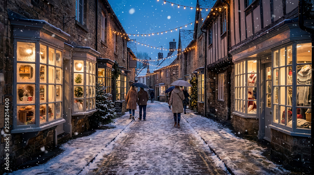 Fototapeta premium People walking on a snow covered cobblestone street in a historic village at twilight