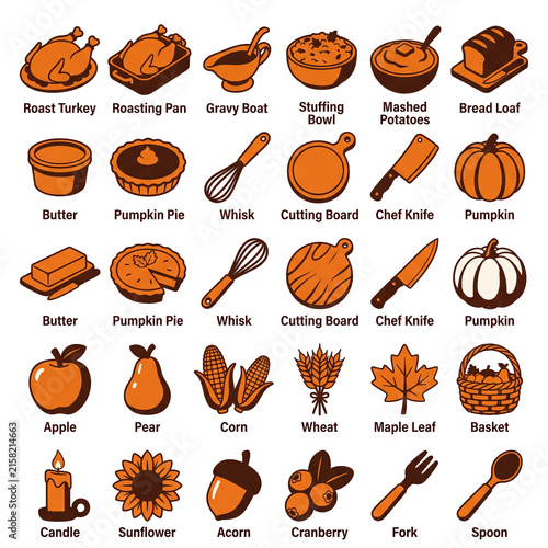 Thanksgiving Food and Harvest Icons Turkey Pie Corn Maple Leaf Autumn Elements