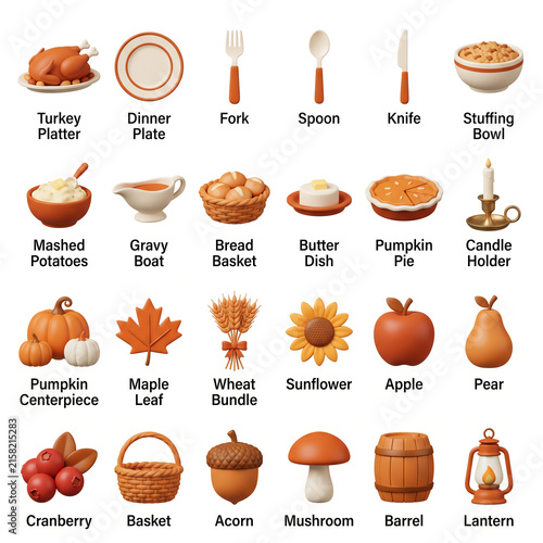 Thanksgiving Food Decor Collection Turkey Pie Pumpkin Autumn Elements