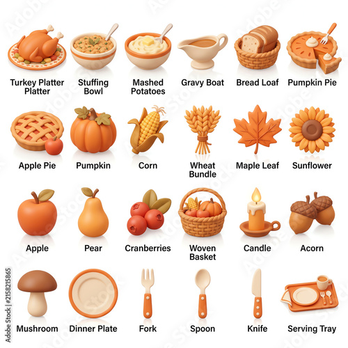 Thanksgiving Food Icons Collection Turkey Pie Pumpkin Corn Harvest Autumn Elements