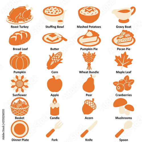 Thanksgiving Food Icons Roast Turkey Pie Pumpkin Corn Cranberries and More