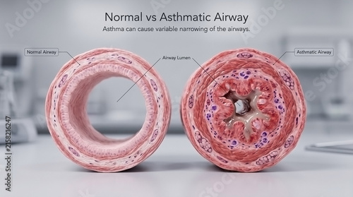 Detailed medical rendering of normal airway compared to constricted asthmatic bronchial tube