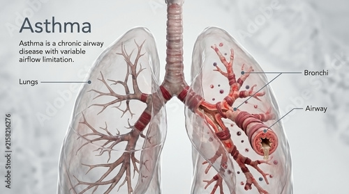 Detailed medical illustration of human lungs showing asthma pathology with constricted