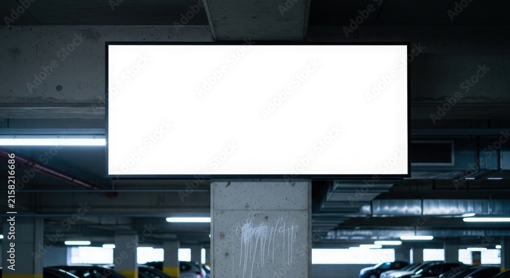 Obraz premium A blank digital billboard screen in an underground parking garage with cars and concrete pillars.