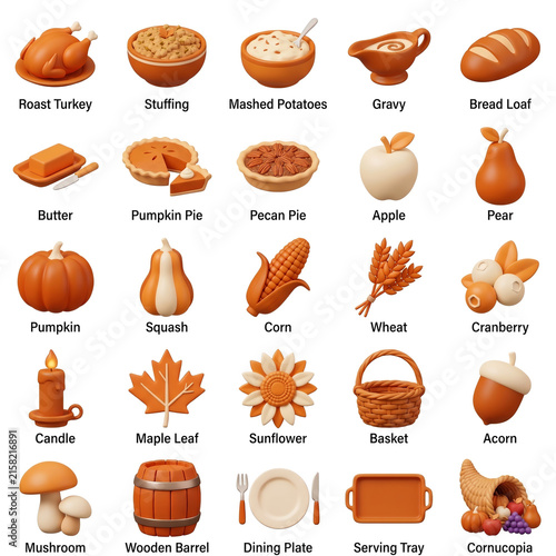 Thanksgiving Food Icons Turkey Pie Corn Pumpkin Acorn Basket Autumn Harvest