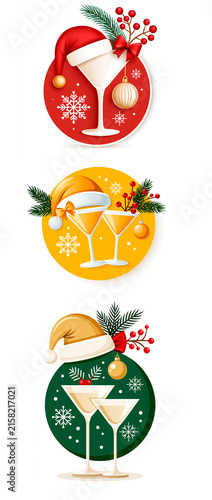 Martini glass, Santa hat, Christmas tree branch, round sticker design flat style isolated on white background