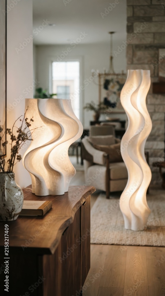 Fototapeta premium Modern organic design lamps with wavy sculptural shape in cozy living room interior