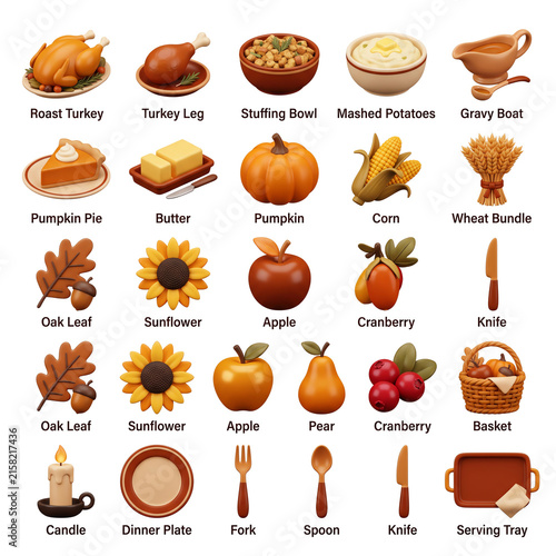 Thanksgiving Food Icons Turkey Pie Pumpkin Corn Cranberry Apple Candle