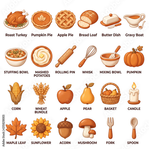 Thanksgiving Food Icons Turkey Pies Vegetables Fruits and Autumn Elements