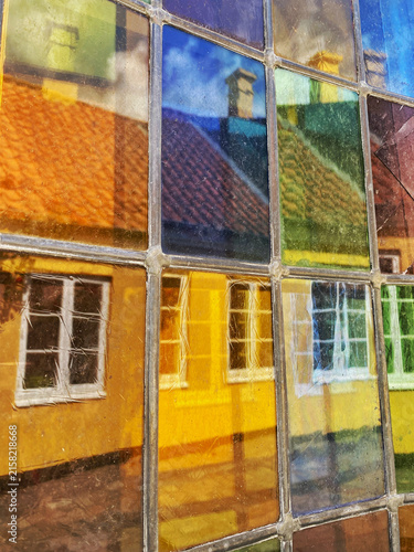 Colorful Reflection in stained glass in Odense, Denmark
