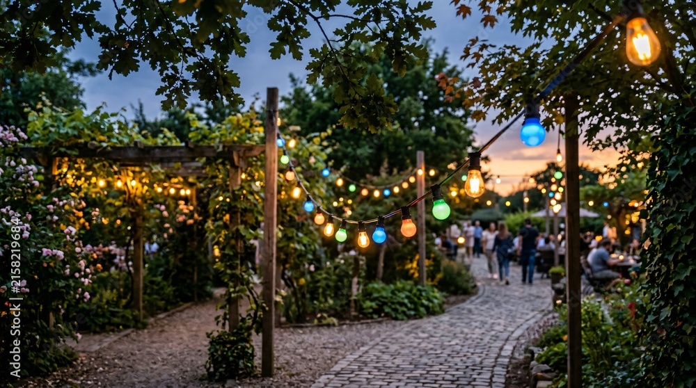 Obraz premium Colorful string lights illuminate charming garden pathway for evening family gathering, festive outdoor dining celebration at sunset.