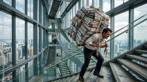 Stressed office worker carrying a massive heavy stack of paperwork up modern office stairs