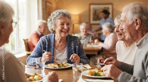 Happy elderly people eating a meal together in a dining room