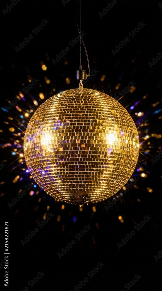 Obraz premium Golden disco ball sparkling with bright reflections in the dark