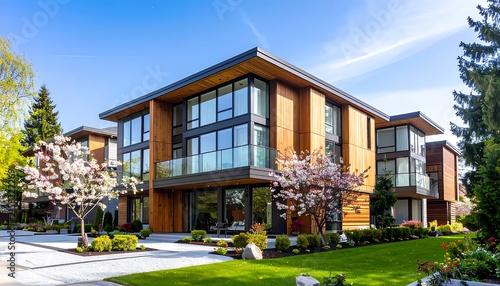 Modern two story house with garden and patio furniture.