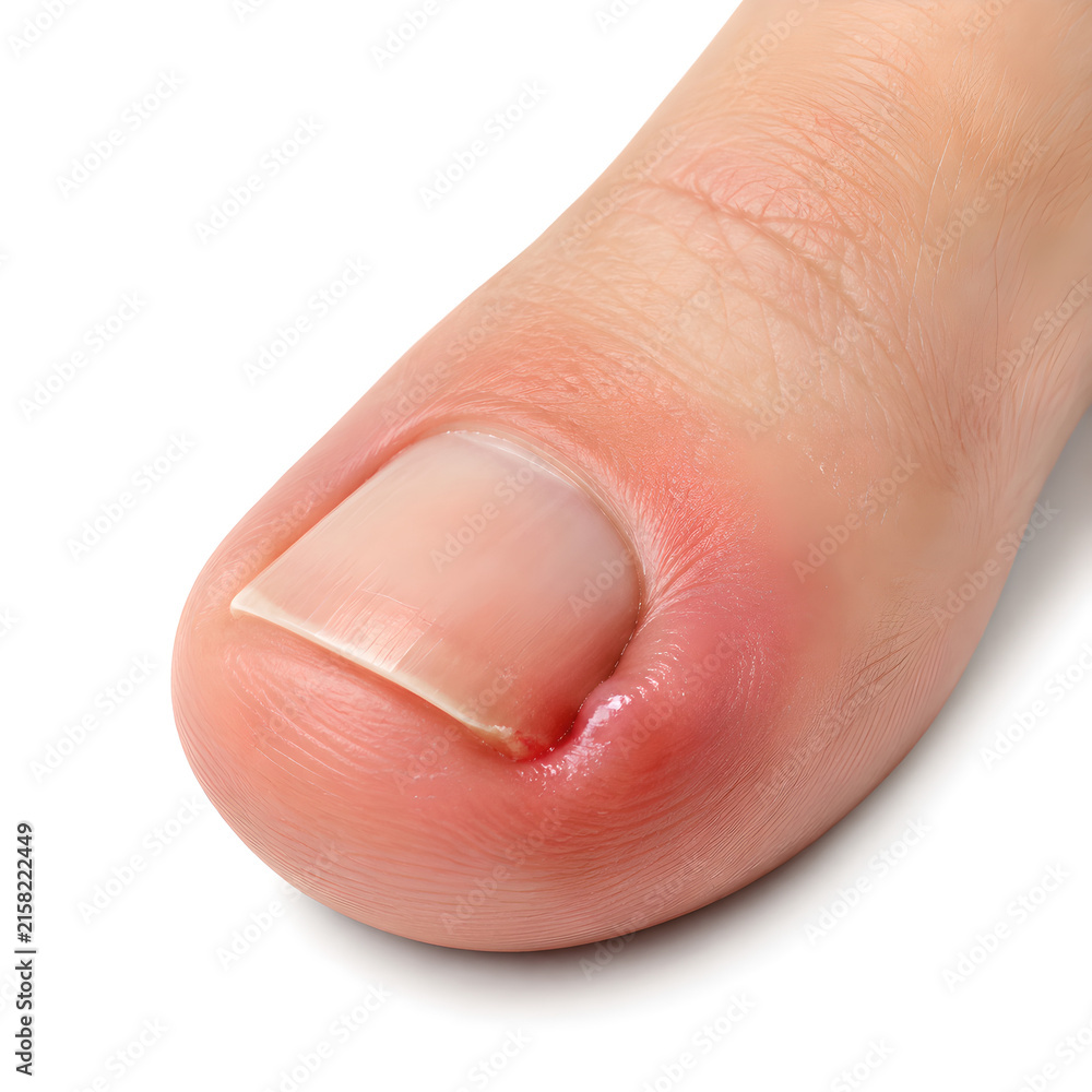 Fototapeta premium Ingrown toenail medical 3D anatomy render showing inflamed big toe nail margin with redness and swelling, isolated on white background for healthcare, podiatry, medical education and patient education