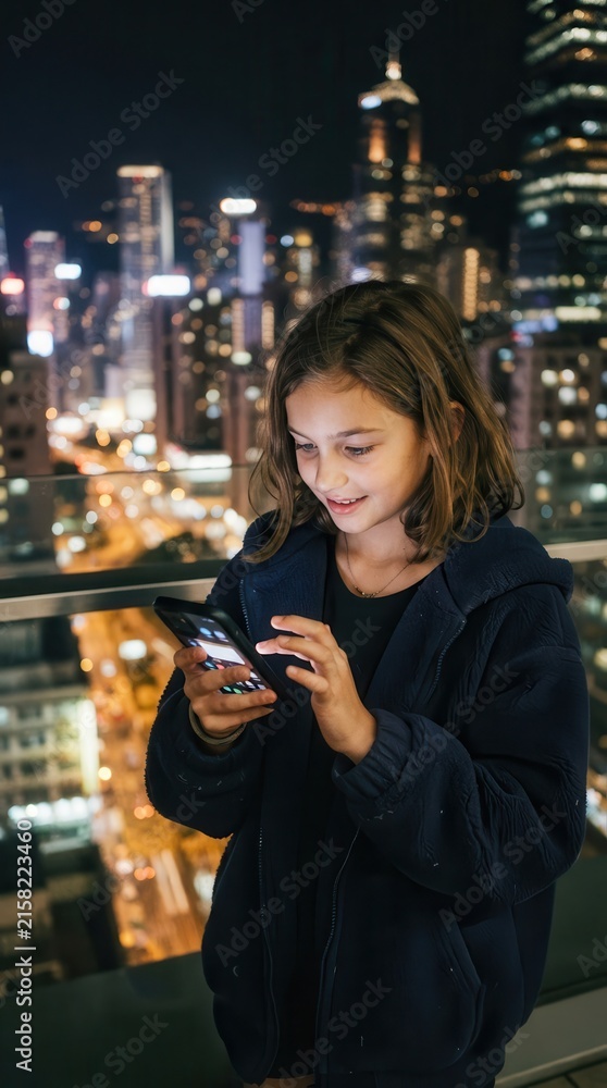 Fototapeta premium Young girl using a smartphone on a balcony overlooking a city skyline at night