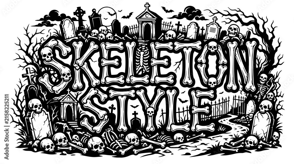 Naklejka premium Skeleton style lettering is surrounded by skulls, bones, and tombstones in a detailed horror graphic.