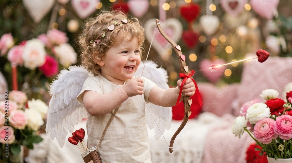 Fototapeta premium Toddler dressed as cupid with bow and arrow in floral garden setting