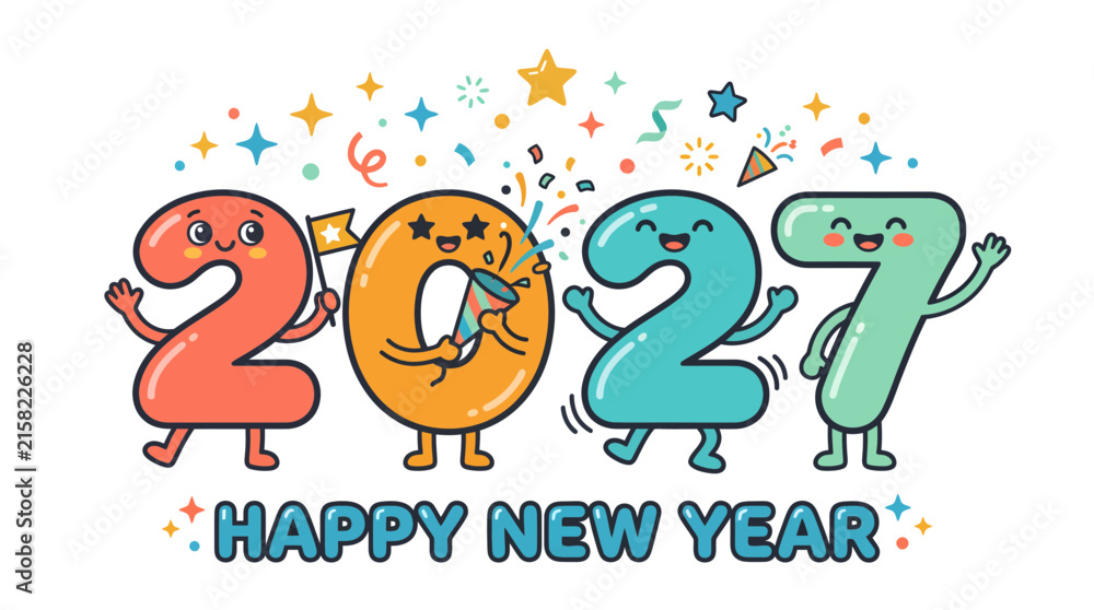 Fototapeta premium Cartoon Happy New Year 2027 greeting card with cute number characters.