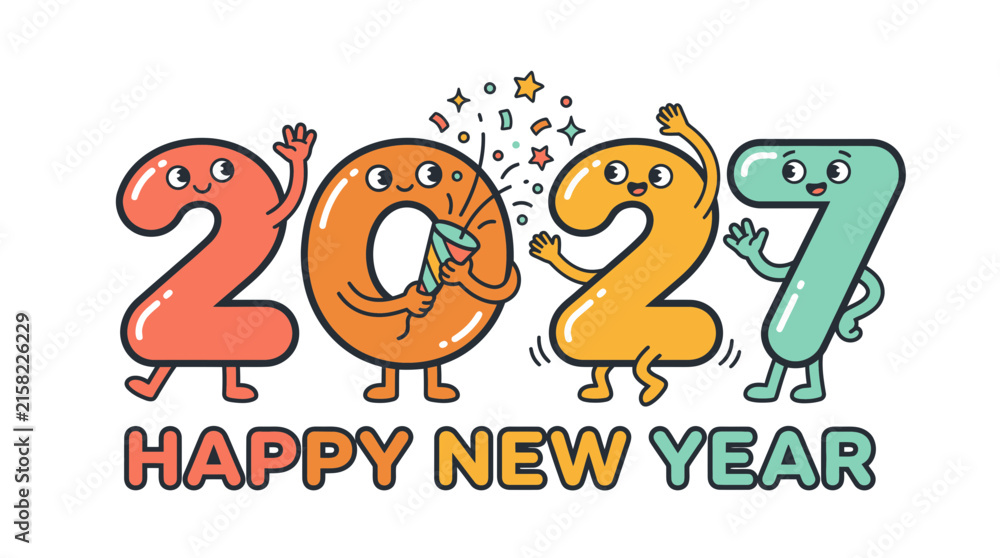 Fototapeta premium Cartoon Happy New Year 2027 greeting design with funny numbers.