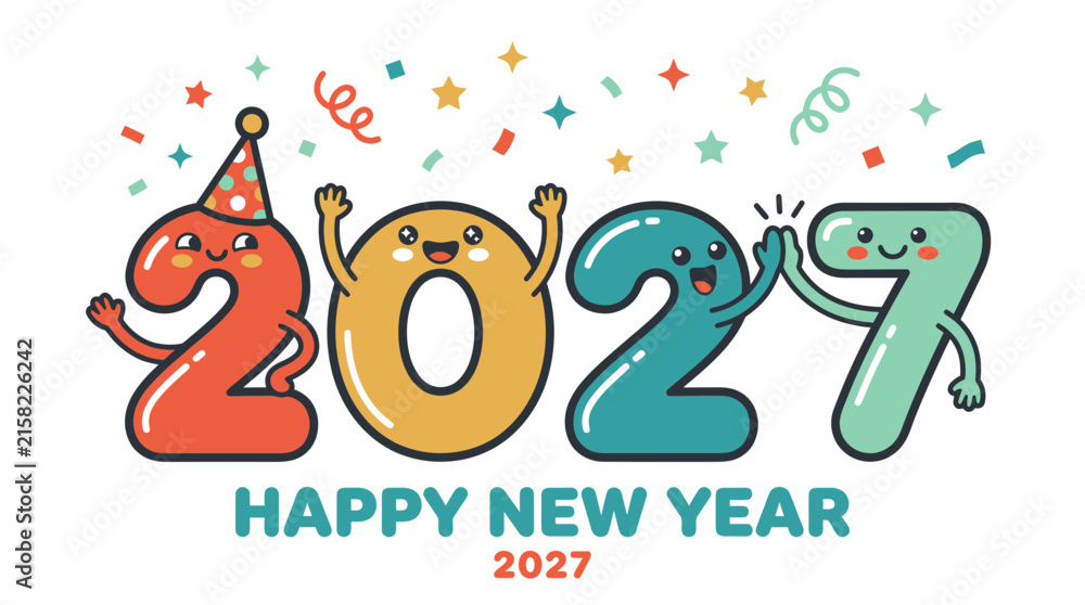 Fototapeta premium Cute cartoon character numbers for Happy New Year 2027 celebration.