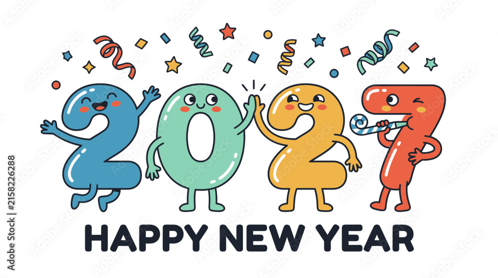 Fototapeta premium Cute cartoon characters representing the year 2027 celebrating happy new year 6.