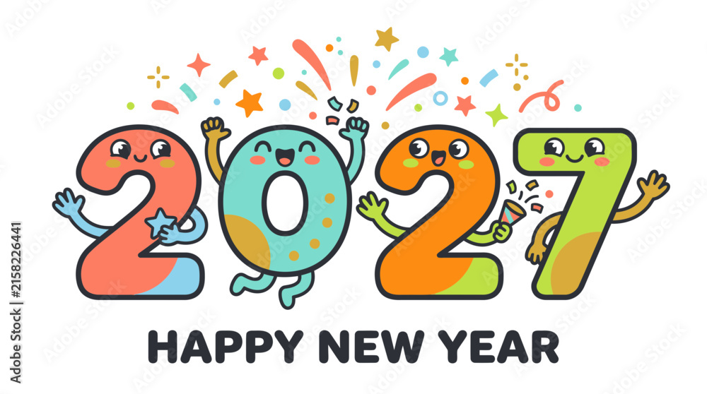 Fototapeta premium Cute Cartoon Numbers Celebrating 2027 Happy New Year Illustration 9.