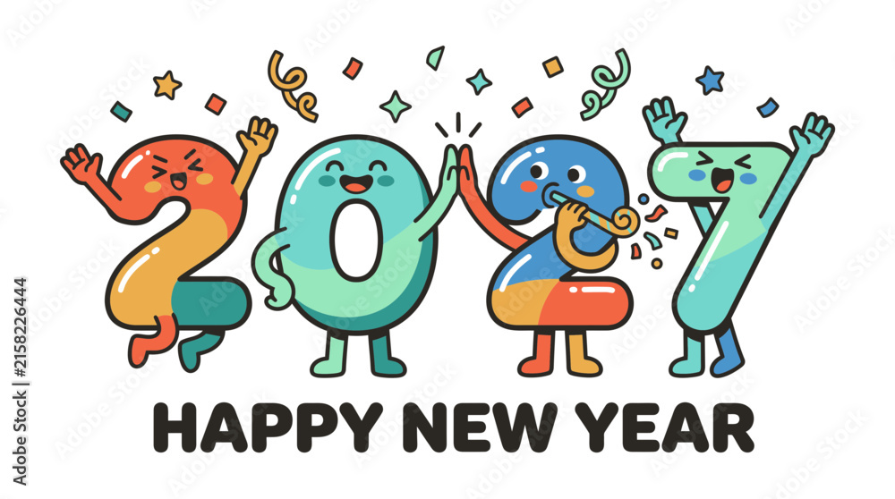 Fototapeta premium Cute Cartoon Numbers Celebrating 2027 Happy New Year Illustration 12.