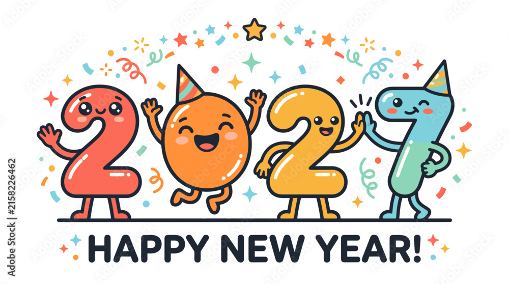 Fototapeta premium Cute Cartoon Numbers Celebrating 2027 New Year Party.