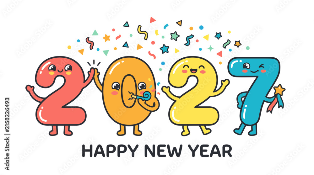 Fototapeta premium Cute cartoon numbers character illustration for Happy New Year 2027 celebration 1.