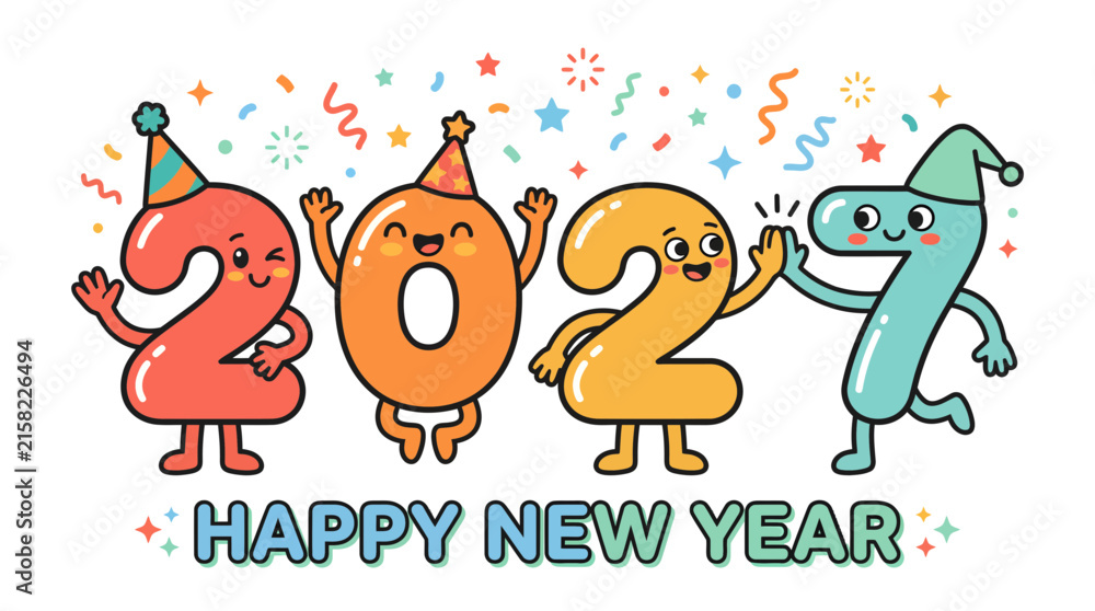 Naklejka premium Cute Cartoon Numbers Characters Celebrating 2027 New Year.