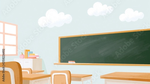 Minimal illustrated classroom interior with an empty chalkboard providing generous copy space for education and back-to-school designs